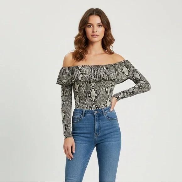 Polly & Esther Tops - Polly & Esther Snakeskin Off Shoulder Ruffle Bodysuit Long Sleeve Gray Thong M
